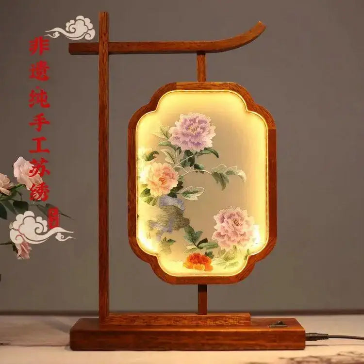 DecorBites™ embroidered desk lamp with warm wooden frame and pink lavender peony decoration screen panel