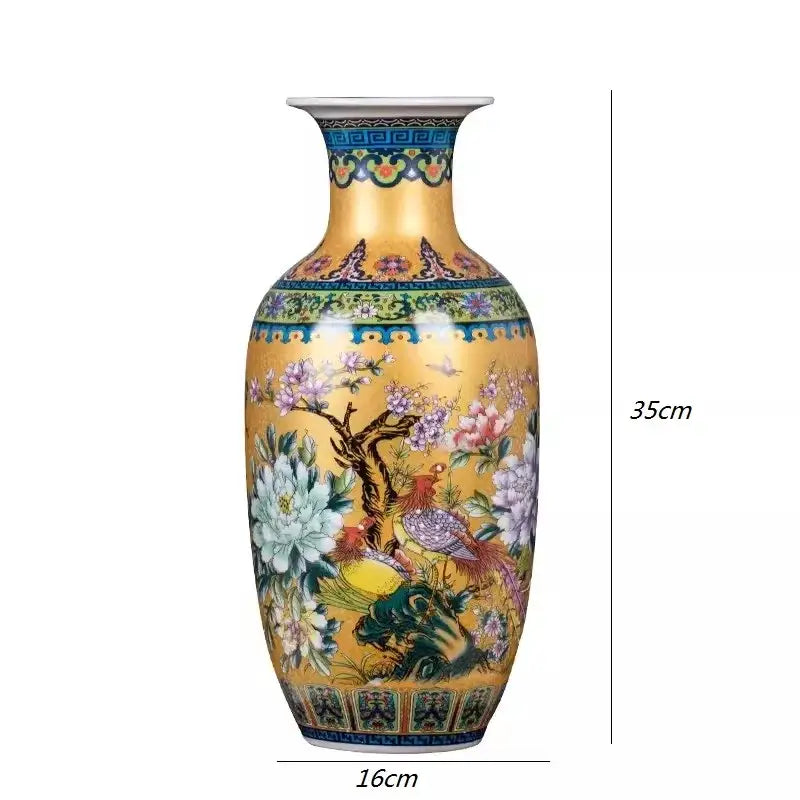 A tall golden porcelain enamel colored vase with hand-painted floral and bird motifs by DecorBites™ Chinese style