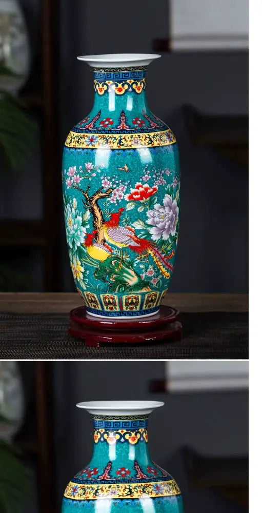 DecorBites™ Chinese style enamel colored vase in vibrant turquoise with hand-painted birds flowers and butterflies