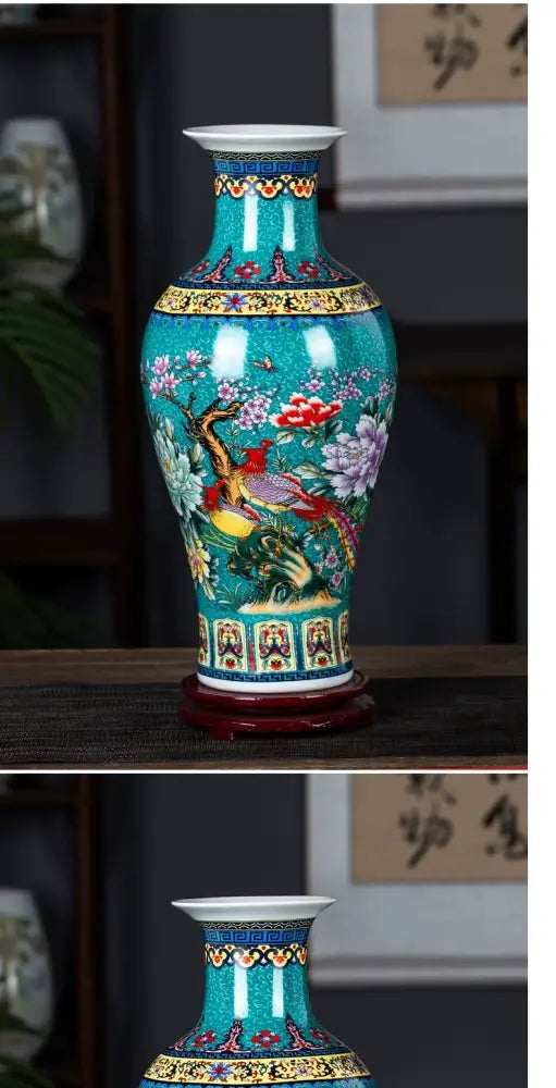 A vibrant turquoise enamel colored vase by DecorBites™ featuring intricate hand-painted birds and flowers decoration