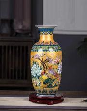 DecorBites™ Chinese style enamel colored vase with vibrant yellow porcelain and intricate floral and bird hand-painted designs