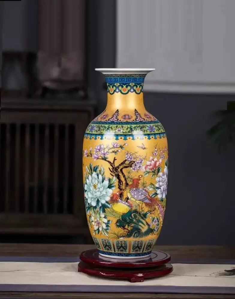 DecorBites™ Chinese style enamel colored vase with vibrant yellow porcelain and intricate floral and bird hand-painted designs