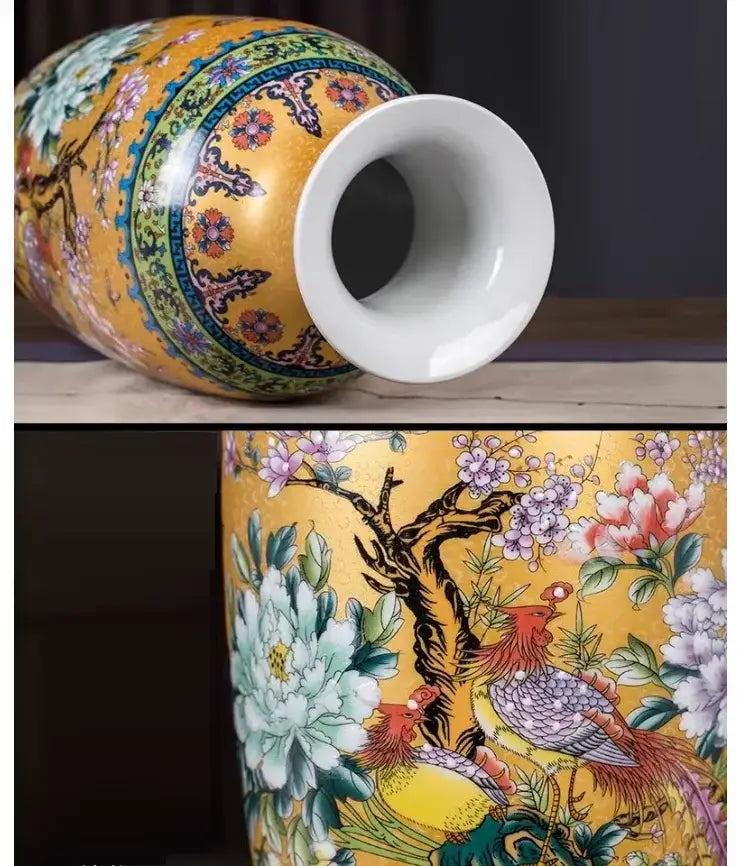 A vibrant yellow enamel colored vase by decorbites™ featuring intricate floral and bird motifs with a glossy finish