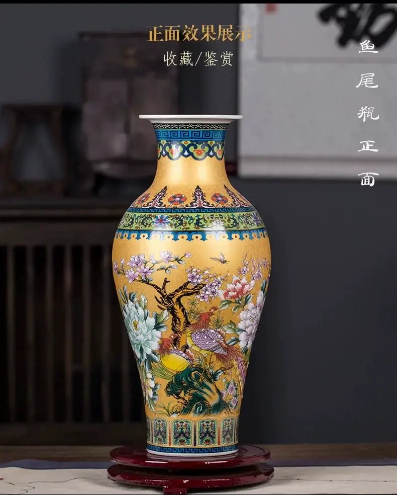 A vibrant yellow enamel colored vase by DecorBites featuring intricate floral and bird motifs in traditional Chinese style