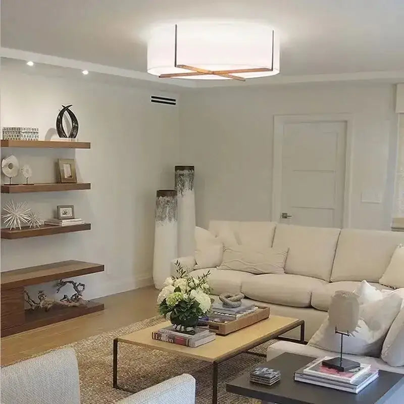 Modern rectangular ceiling lamp by decorbites chinese style with white fabric shade and wooden crossbar accents for home decor