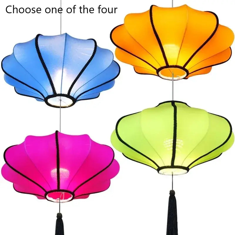 Vibrant translucent shell-shaped pendant light in blue orange pink and green with black trim by decorbites chinese style flower