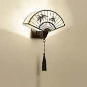 Decorbites™ black iron art wall lamp with fan-shaped bamboo leaf cutouts and tassel for living room and bedroom