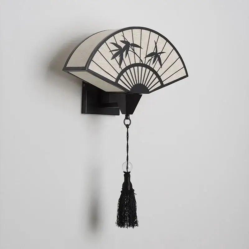 DecorBites™ black and cream iron art wall lamp with bamboo leaf cutouts and tassel for living room and bedroom use