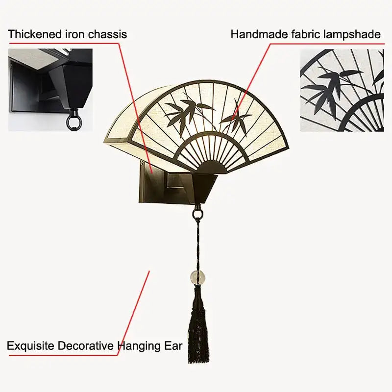 Decorbites™ fan-shaped cream fabric art wall lamp with black iron chassis bamboo embroidery and tassel for living room
