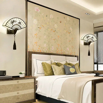 Decorbites™ black iron art wall lamp with fan shape bamboo and star motifs and tassel for living room and bedroom