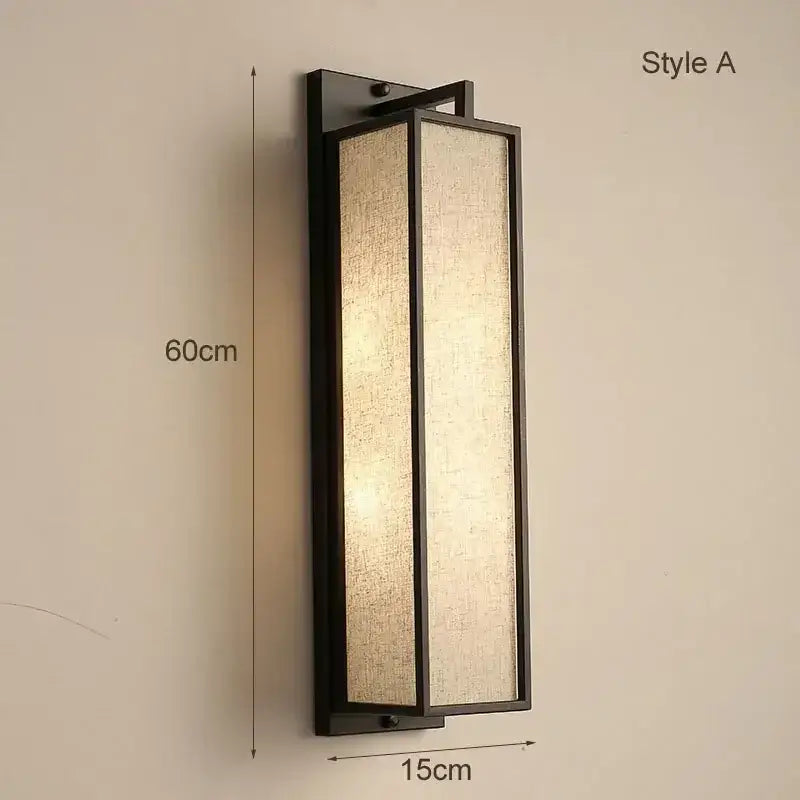 Decorbites chinese style wall lamp with black iron frame and textured beige linen cloth cover for indoor use
