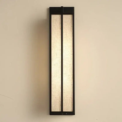 Black-framed rectangular decorbites chinese style wall lamp with textured linen cloth cover and iron art design