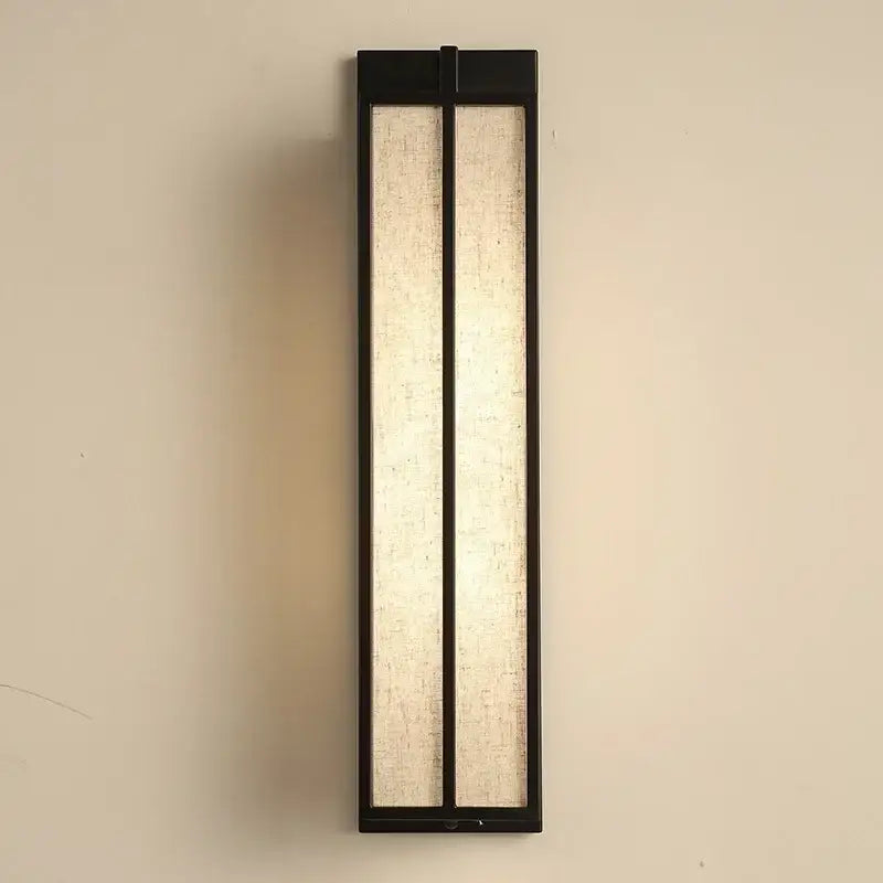 Black-framed rectangular decorbites chinese style wall lamp with textured linen cloth cover and iron art design