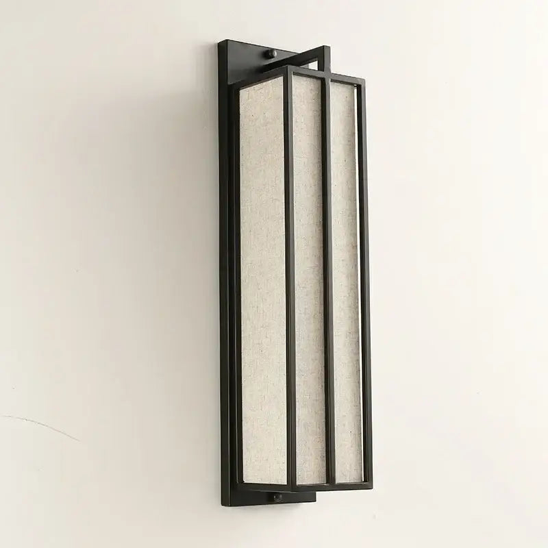 Black-framed decorbites chinese style iron wall lamp with three vertical beige linen fabric panels