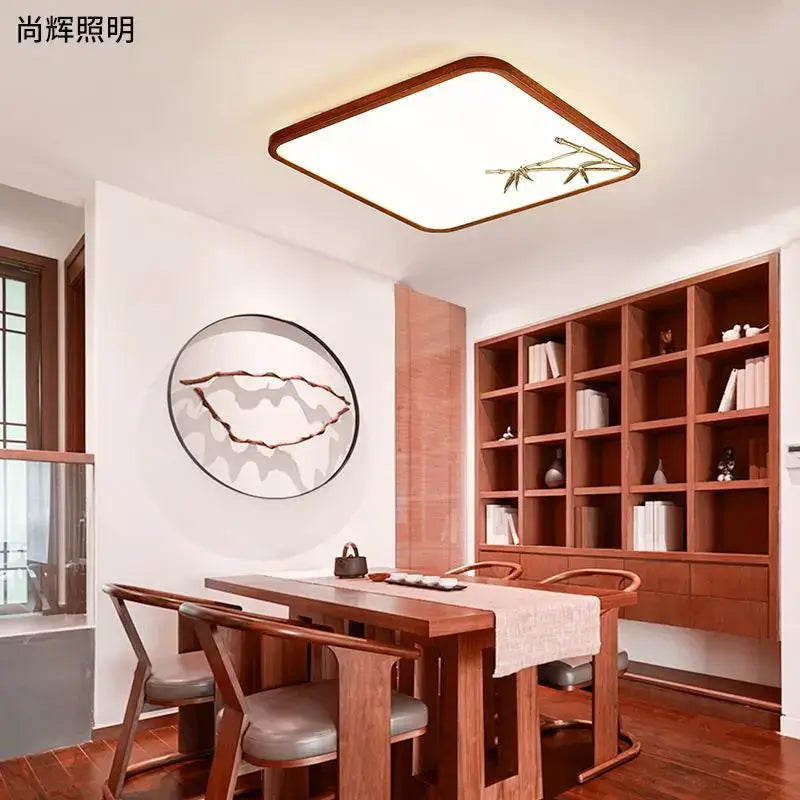 Rectangular decorbites™ led ceiling lamp with warm wood frame and gold bamboo leaf design for living room and bedroom