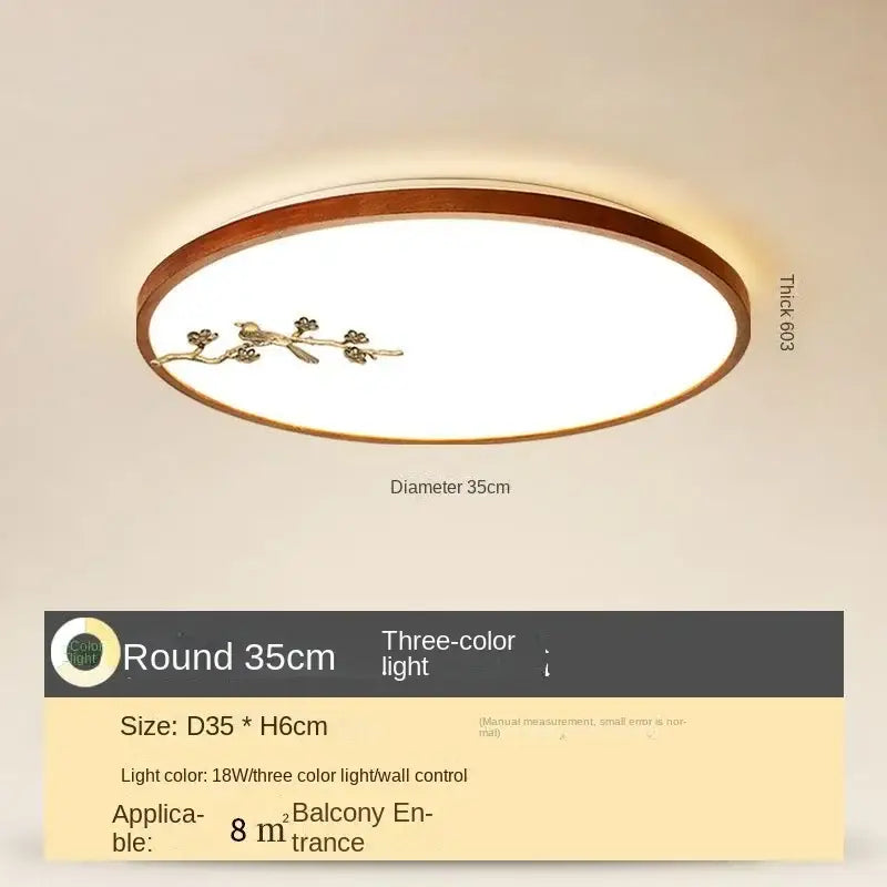 Round 35cm led ceiling lamp with warm wood frame and ornate bronze bird design for living room and bedroom use