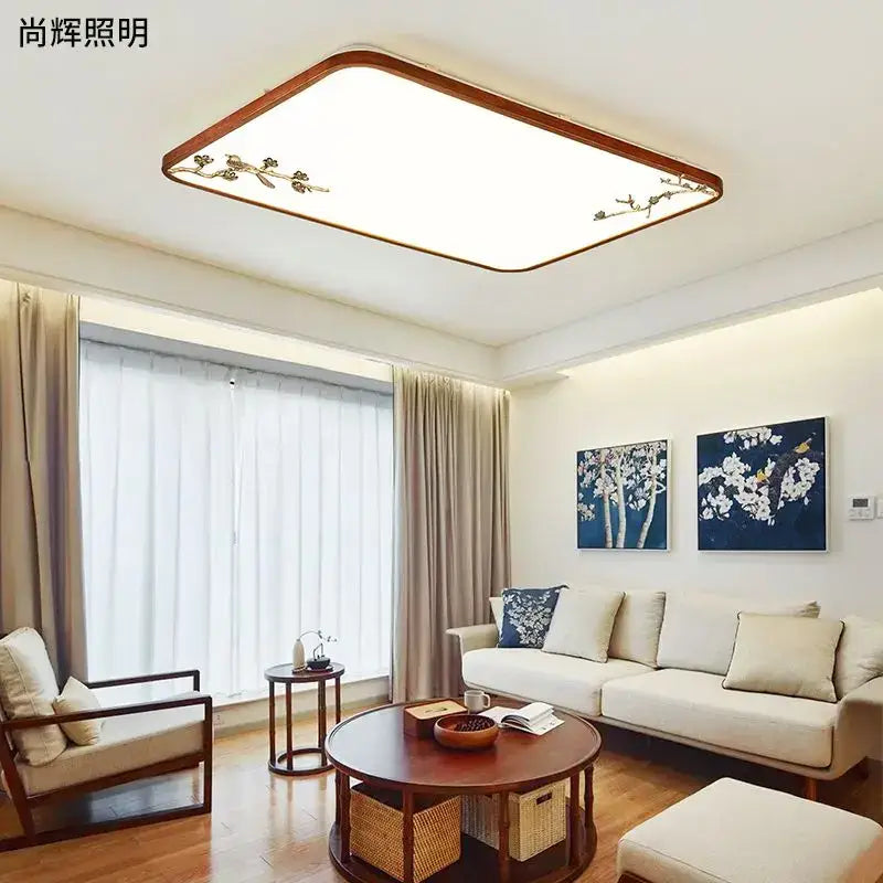 Decorbites™ chinese style led ceiling lamp with warm wood frame and gold bird branch motifs for living room and bedroom