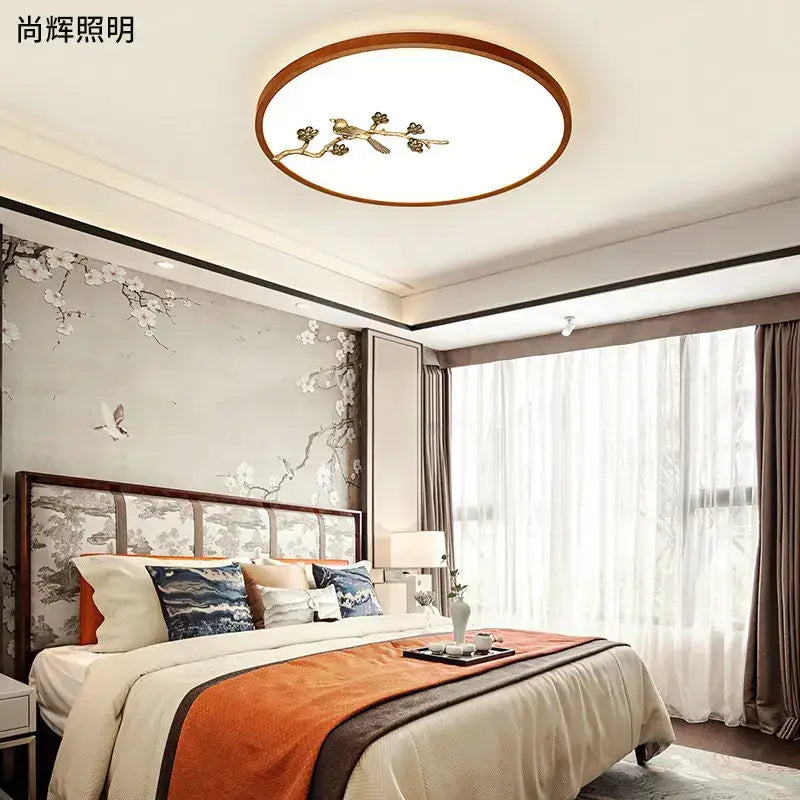Decorbites™ chinese style led ceiling lamp with warm wood frame and gold bird design for living room and bedroom