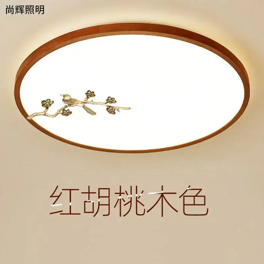 DecorBites™ Chinese style led ceiling lamp with warm-toned oval light, red peach wood frame, and gold bird design