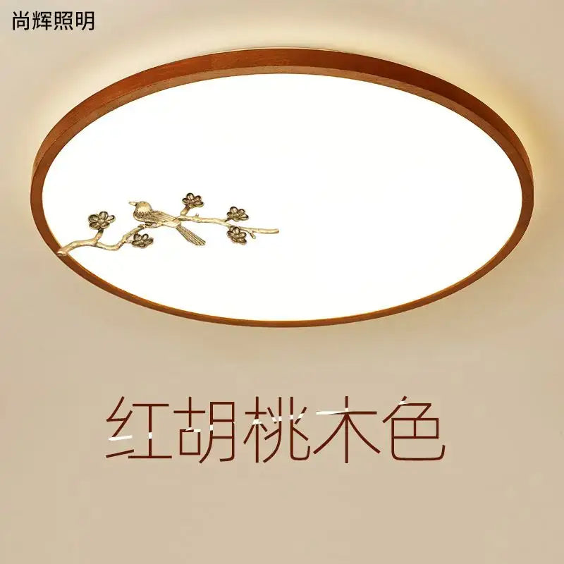 DecorBites™ Chinese style led ceiling lamp with warm-toned oval light, red peach wood frame, and gold bird design