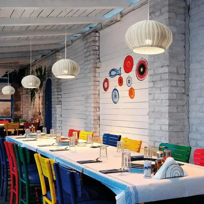 White woven pendant lights made of outdoor rattan weaving by DecorBites for courtyard and garden use