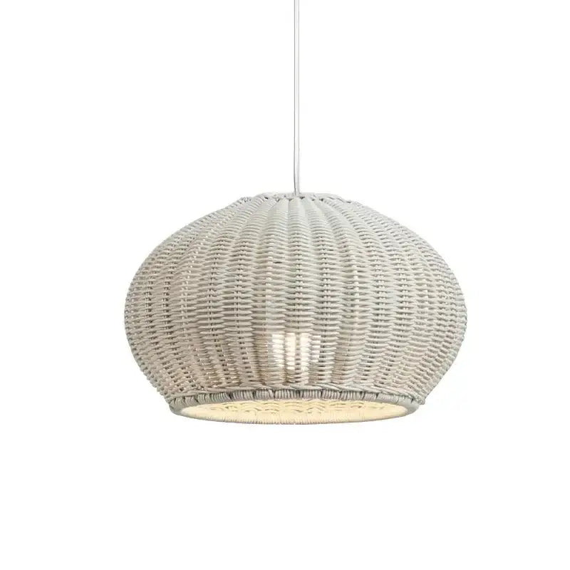 A white woven DecorBites™ rattan weaving pendant light with a rounded basket design for outdoor use