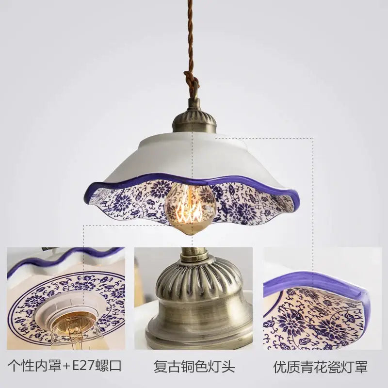 Decorbites chinese style porcelain hanging lamp with delicate blue floral patterns and scalloped edge for bedroom use