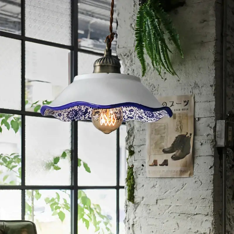 White ceramic hanging lamp with blue floral wavy edge and exposed bulb decorbites chinese style porcelain design