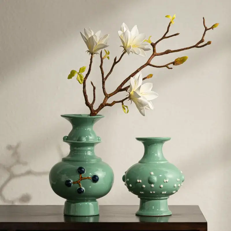 A pair of elegant mint-green ceramic vases with dark blue gold motif and white beads retro ceramic home decor