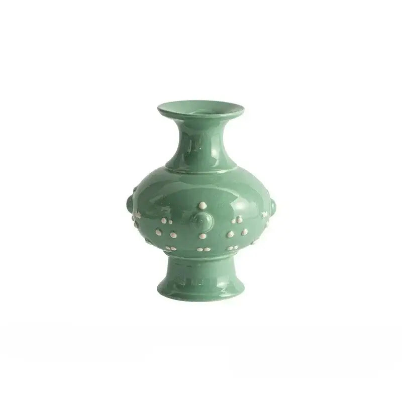 DecorBites™ Chinese-style retro ceramic vase in sage green with white dot embellishments for home decor