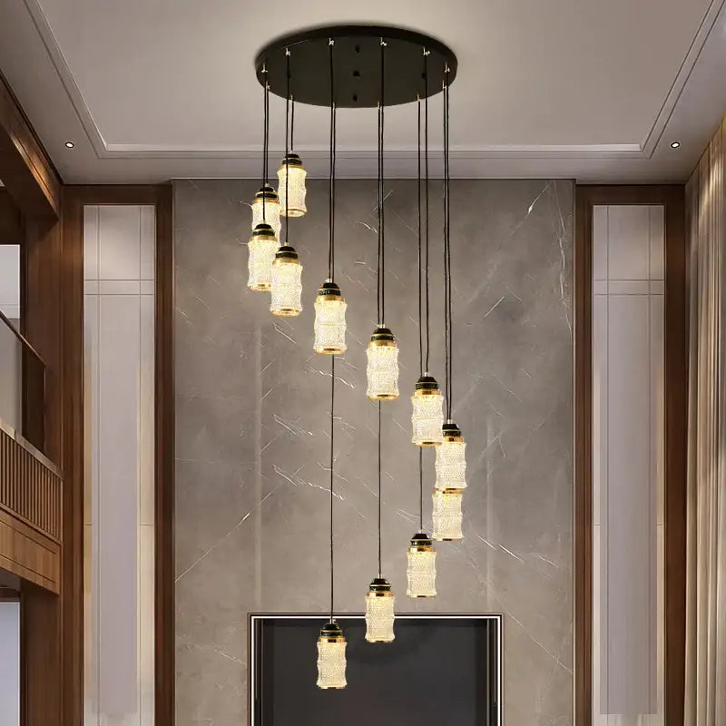 Decorbites™ modern black spiral staircase chandelier with multiple frosted glass pendant lights for villa and restaurant use