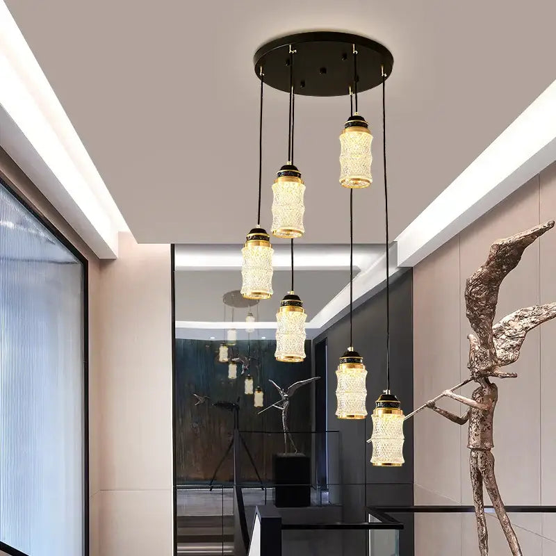 Modern decorbites™ chinese style spiral staircase chandelier with five glass shades and gold accents for villa lighting