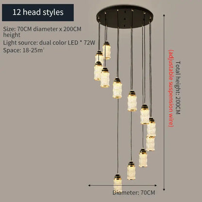 DecorBites™ spiral staircase chandelier with 12 white frosted glass pendants and dark metal accents for villa and restaurant use