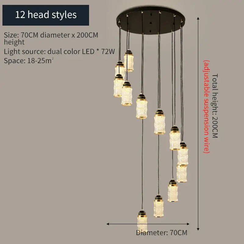 DecorBites™ spiral staircase chandelier with 12 white frosted glass pendants and dark metal accents for villa and restaurant use