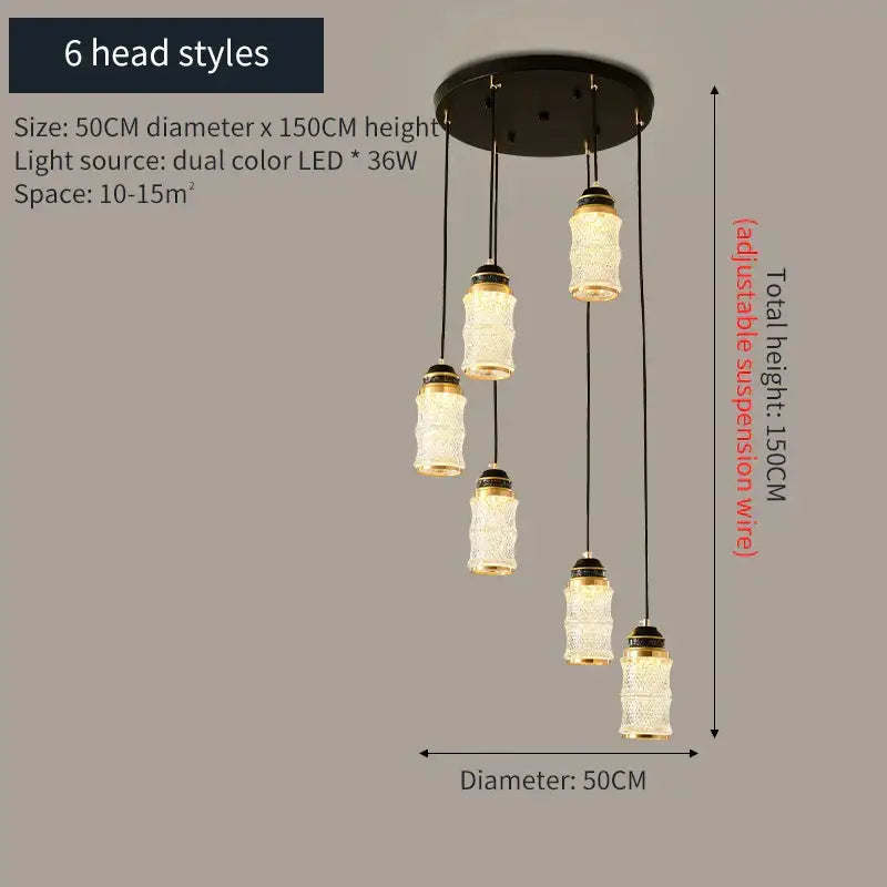 A decorbites™ chinese style spiral staircase chandelier with six etched glass lampshades and warm dual-color led bulbs