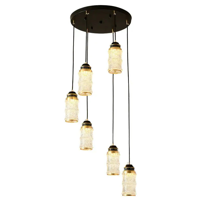 Black circular ceiling fixture with five textured glass pendant lights and gold accents for spiral staircase chandelier