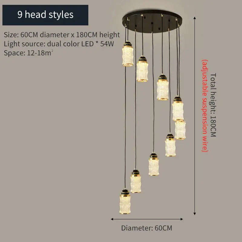 Decorbites™ chinese style spiral staircase chandelier with nine glass jar lights and gold accents for villa and restaurant use
