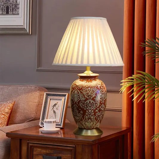 DecorBites™ vintage red ceramic table lamp with brown and gold ornate pattern and off-white pleated shade for bedroom