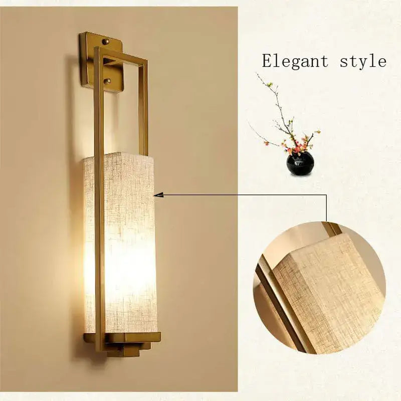 Gold-toned decorbites chinese style wall lamp with textured beige fabric shade for bedroom and living room use