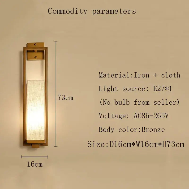 Bronze finished decorbites chinese style wall lamp with rectangular iron frame and textured cloth diffuser for bedroom and living room