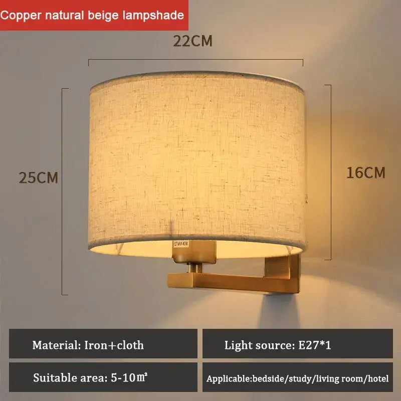 DecorBites™ copper-finished wall lamp with warm cloth cover and natural beige fabric shade for bedroom lighting