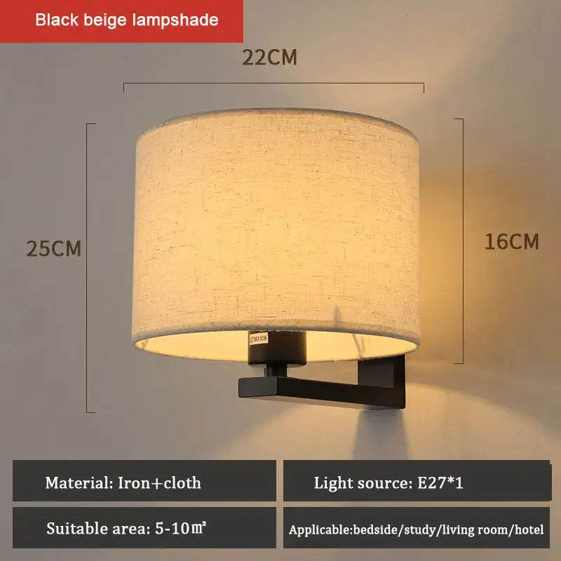 Decorbites™ Chinese style wall lamp with black beige warm cloth cover and iron mounting bracket for bedroom light