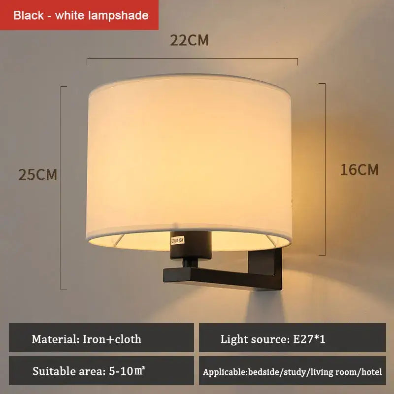 Decorbites™ modern black iron wall lamp with warm cloth cover and white fabric shade for bedroom and living room lighting