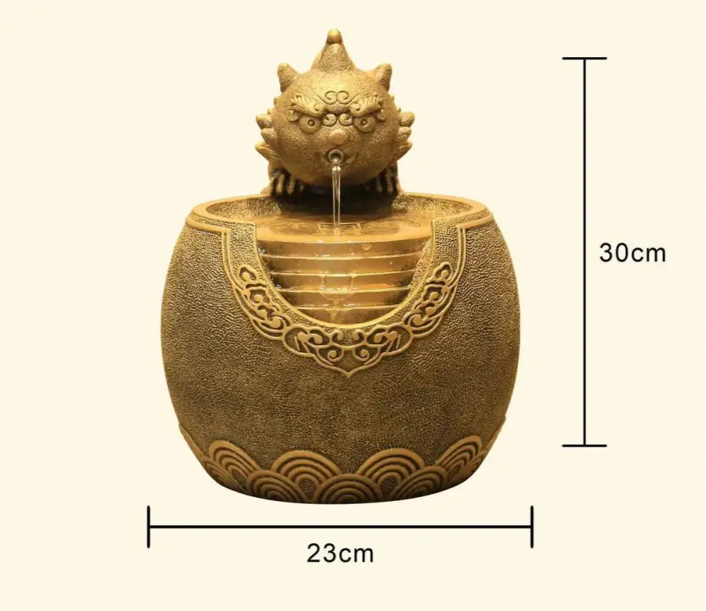 Decorbites chinese style golden lion-head desktop fountain with intricate carvings for wealth attracting decor