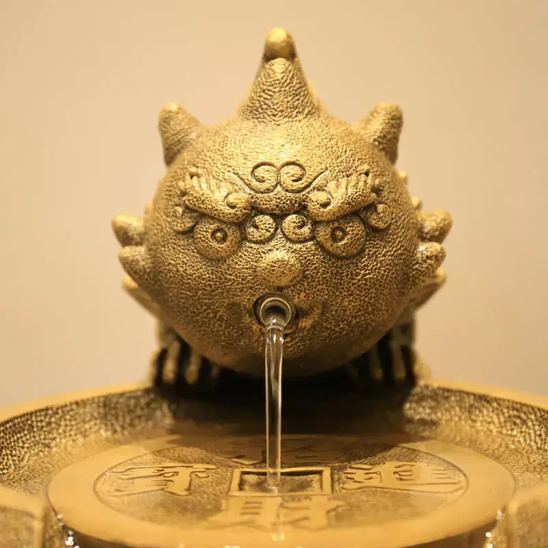 Golden textured decorbites chinese style wealth attracting fountain with mythical creature and basin for living room use