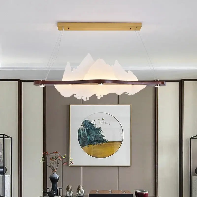 DecorBites™ Chinese style wood art chandelier with cloud-shaped frosted glass diffuser and dark wood frame for zen ambiance