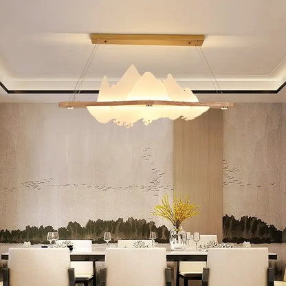 DecorBites™ wood art chandelier with wooden frame and white cloud-shaped diffuser for modern zen atmosphere lighting