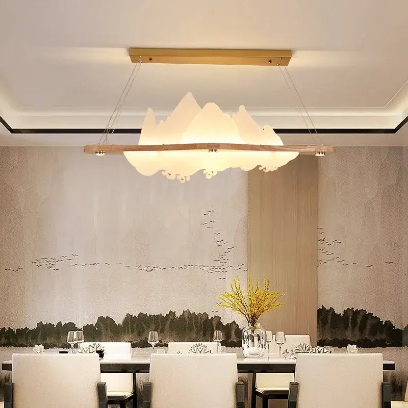 DecorBites™ wood art chandelier with wooden frame and white cloud-shaped diffuser for modern zen atmosphere lighting