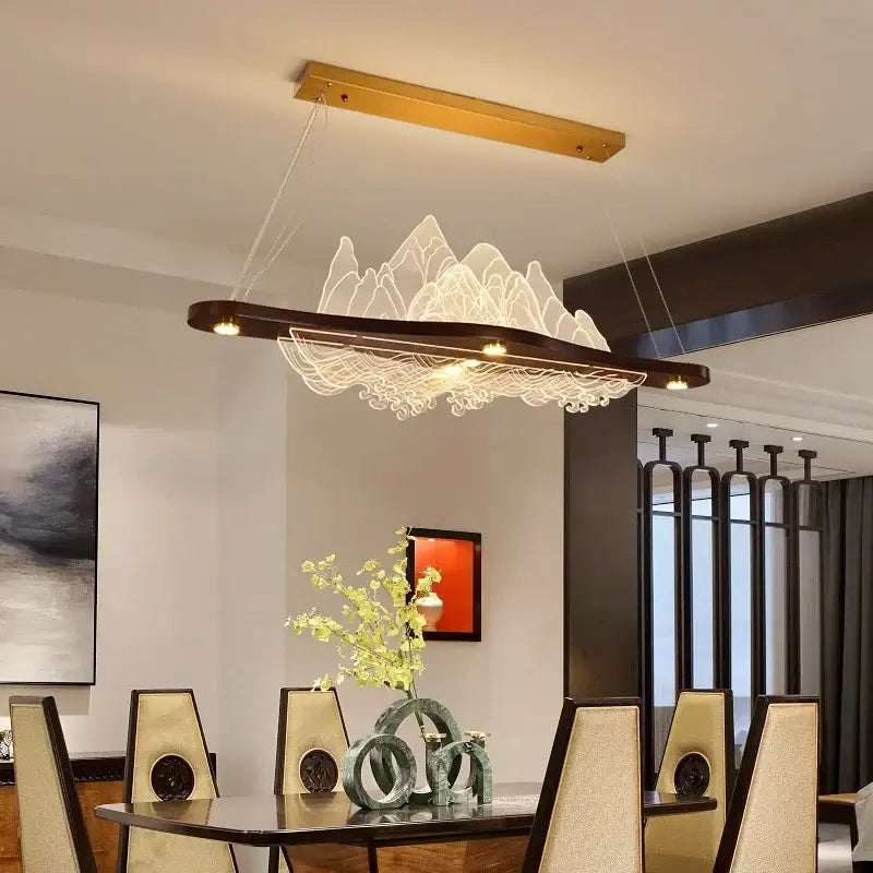 Modern wood art chandelier with dark wood base and white wireframe design for a zen atmosphere by decorbites
