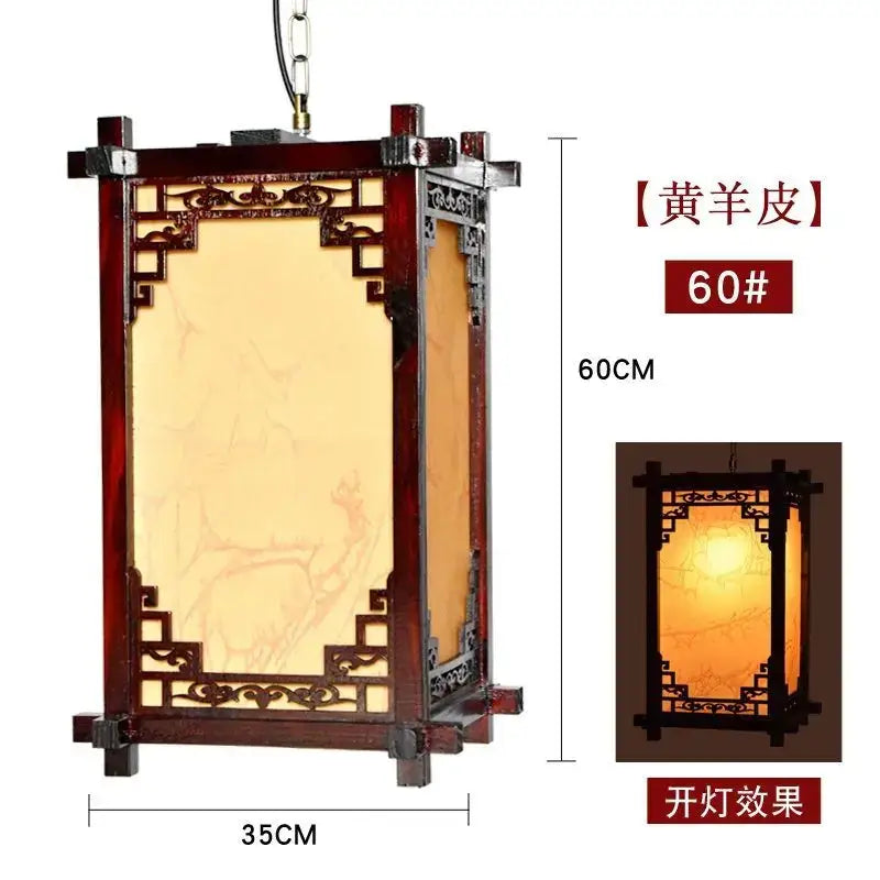 Traditional chinese style wood pendant light by decorbites featuring dark reddish-brown frame and amber sheepskin panels
